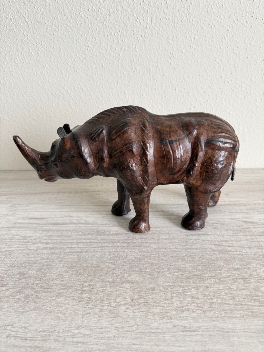 Leather Wrapped Rhino Figurine Sculpture,  Brown Safari Decor 14" Made In India